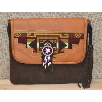 Torebka ze skóry etno w ciemnobrązowym kolorze  z koralikami mullo .